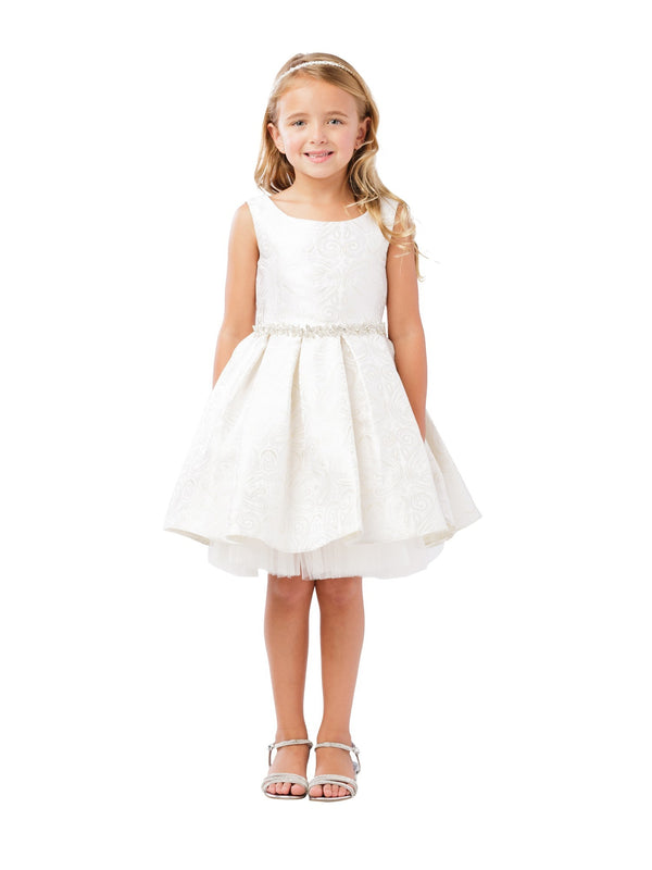 Big Girls Gold Rhinestone Sash Jacquard Tulle Junior Bridesmaid Dress 8-12 - SophiasStyle.com